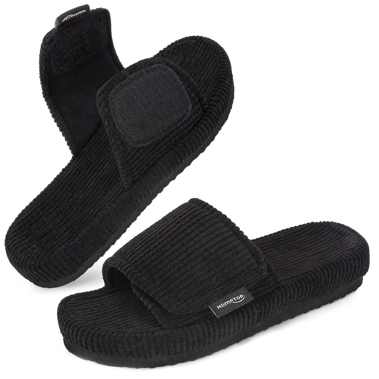HomeTop Women's Corduroy Open Toe Slippers with Adjustable Closure Memory Foam