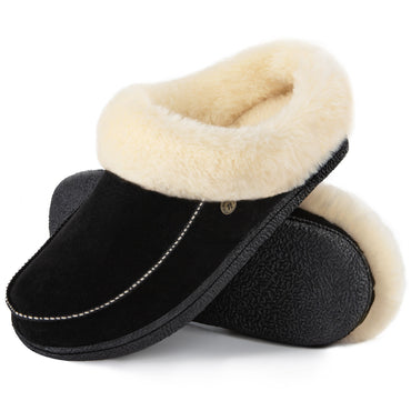 HomeTop Women's Comfy Moccasin Style Memory Foam Slip on Slippers Soft Micro Suede Clog House Shoes with Luxury Fuzzy Fur Collar