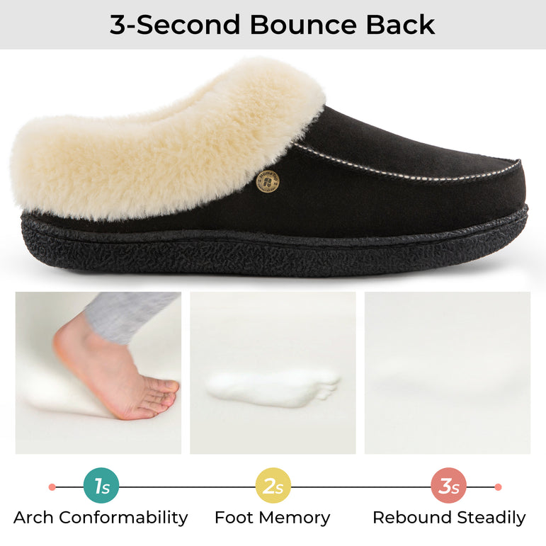 HomeTop Women's Comfy Moccasin Style Memory Foam Slip on Slippers Soft Micro Suede Clog House Shoes with Luxury Fuzzy Fur Collar