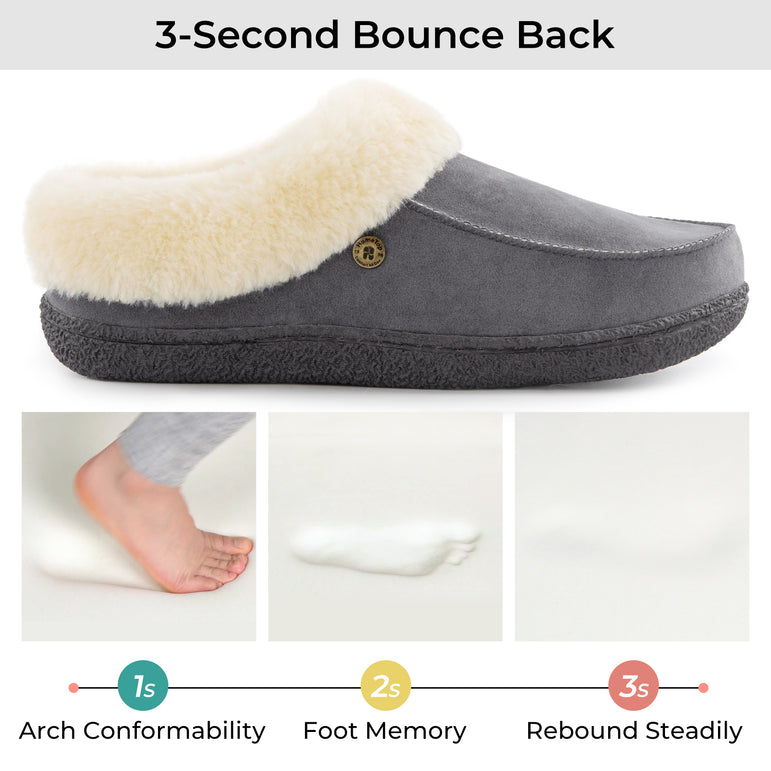 HomeTop Women's Comfy Moccasin Style Memory Foam Slip on Slippers Soft Micro Suede Clog House Shoes with Luxury Fuzzy Fur Collar