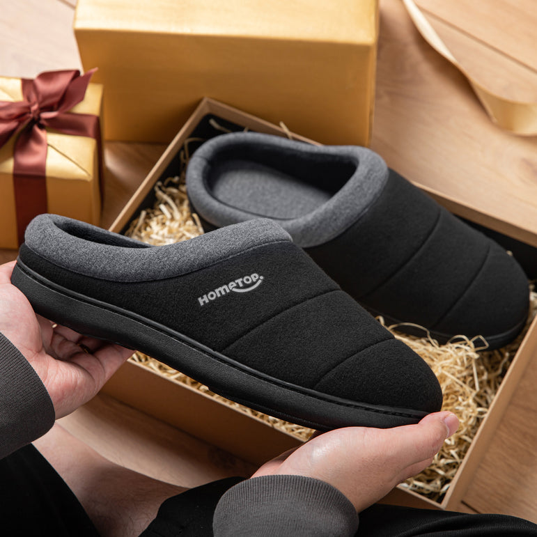 HomeTop Men's Quilted Slippers Cozy Soft Non-Slip De Velvet Memory Foam House Shoes