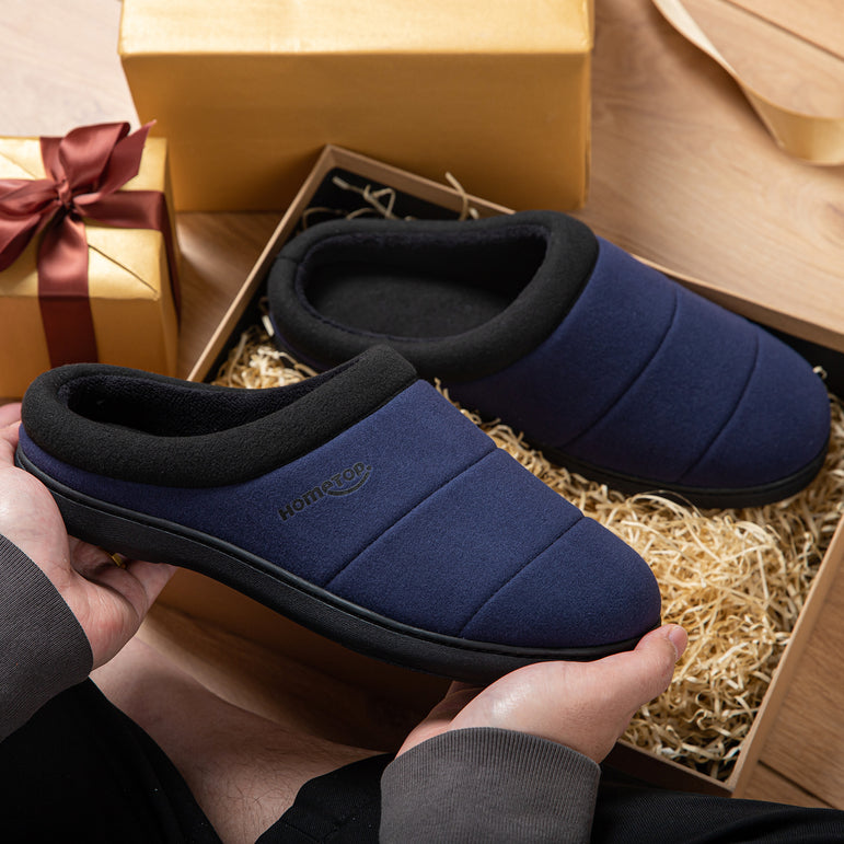HomeTop Men's Quilted Slippers Cozy Soft Non-Slip De Velvet Memory Foam House Shoes