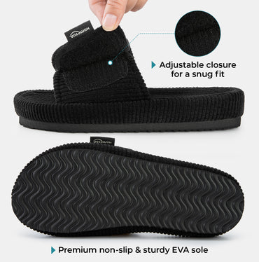 HomeTop Women's Corduroy Open Toe Slippers with Adjustable Closure Memory Foam
