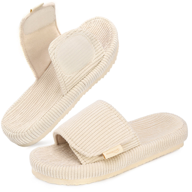 HomeTop Women's Corduroy Open Toe Slippers with Adjustable Closure Memory Foam