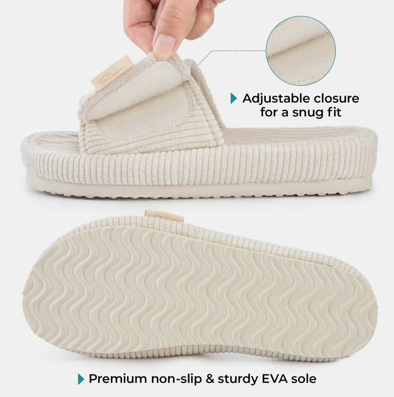 HomeTop Women's Corduroy Open Toe Slippers with Adjustable Closure Memory Foam