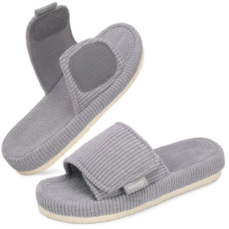 HomeTop Women's Corduroy Open Toe Slippers with Adjustable Closure Memory Foam