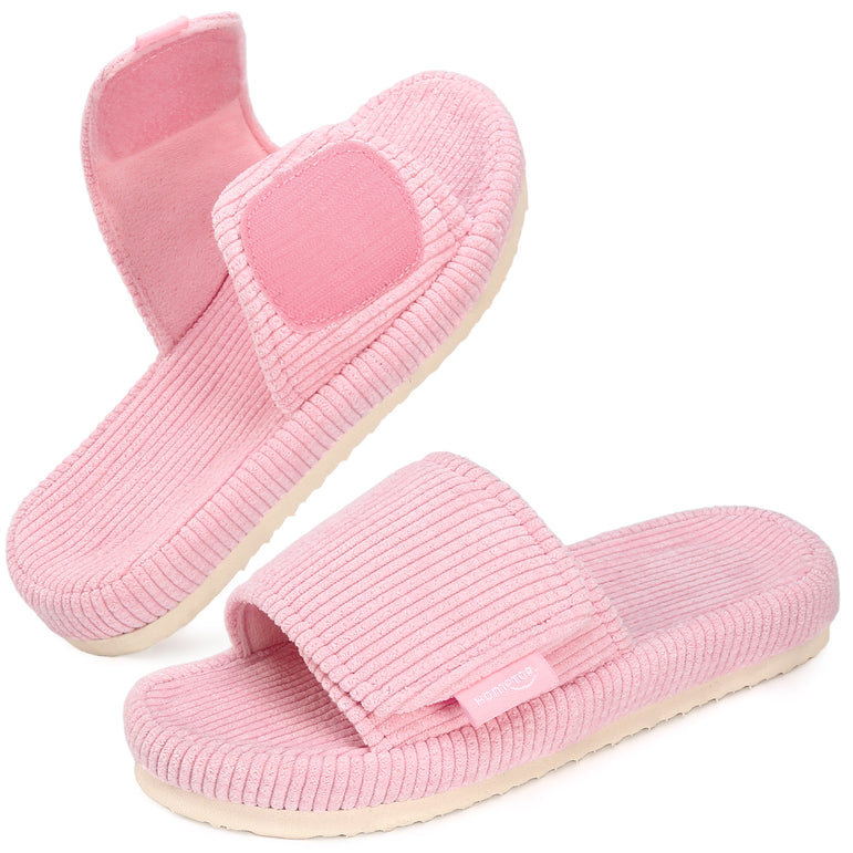HomeTop Women's Corduroy Open Toe Slippers with Adjustable Closure Memory Foam