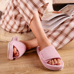 HomeTop Women's Corduroy Open Toe Slippers with Adjustable Closure Memory Foam