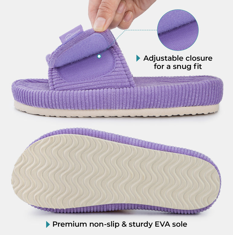HomeTop Women's Corduroy Open Toe Slippers with Adjustable Closure Memory Foam
