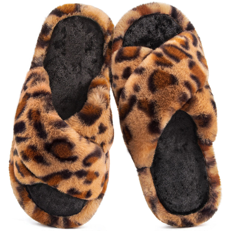 HomeTop Women's Fluffy Cross Band Open Toe Slippers