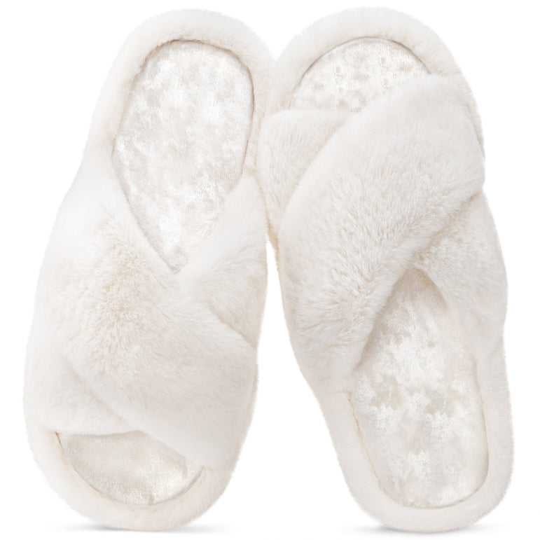 HomeTop Women's Fluffy Cross Band Open Toe Slippers