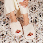 HomeTop Women's Fluffy Cross Band Open Toe Slippers