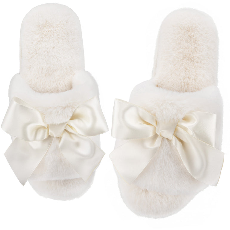 HomeTop Women's Cozy Plush Bow Slip-on Slippers with Non-Slip Rubber Sole