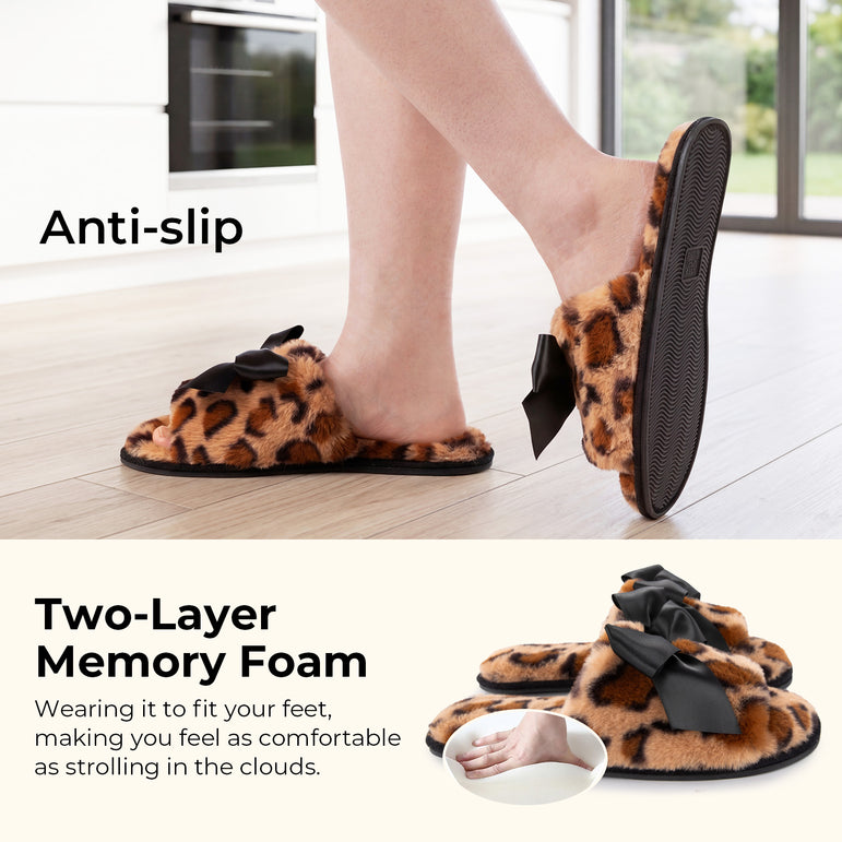 HomeTop Women's Cozy Plush Bow Slip-on Slippers with Non-Slip Rubber Sole
