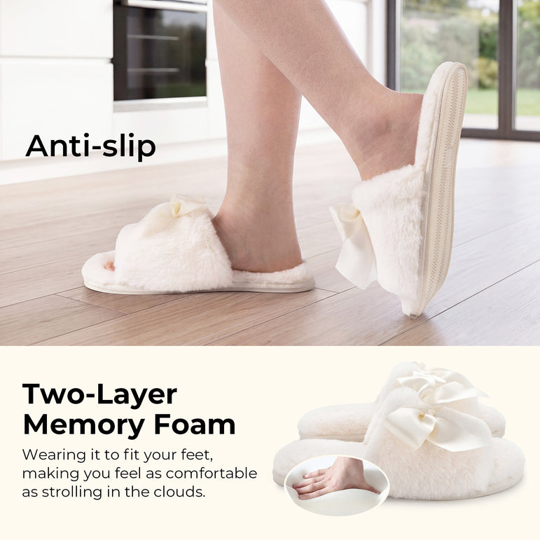 HomeTop Women's Cozy Plush Bow Slip-on Slippers with Non-Slip Rubber Sole