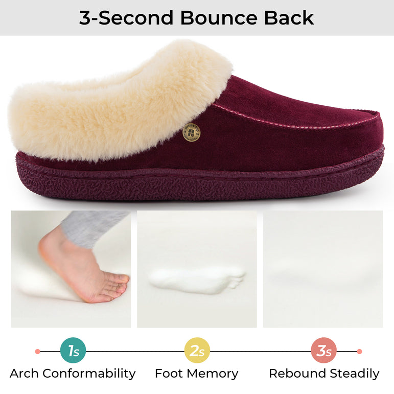 HomeTop Women's Comfy Moccasin Style Memory Foam Slip on Slippers Soft Micro Suede Clog House Shoes with Luxury Fuzzy Fur Collar