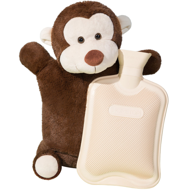 HomeTop Premium Classic Rubber Hot or Cold Water Bottle with Cute Stuffed Animal Cover (2 Liters, Brown Monkey)