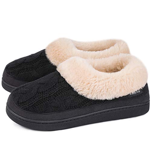 HomeTop Women's Cozy Cable Knit Memory Foam House Shoes Slipper with Fuzzy Plush Collar