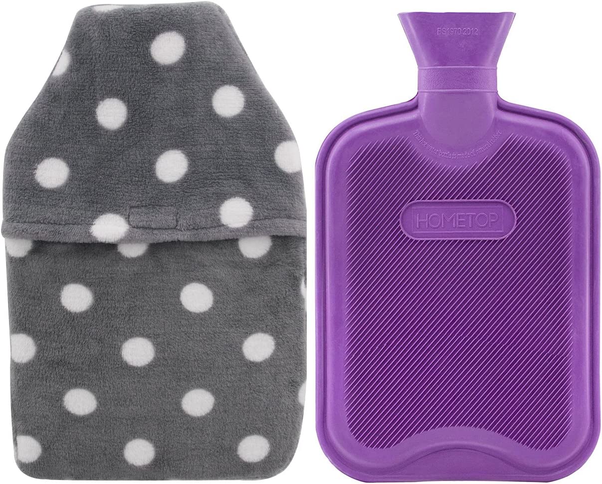 Premium Hot Water Bottle with Soft Fleece Cover Purple/Gray Polka Dot Envelope Cover