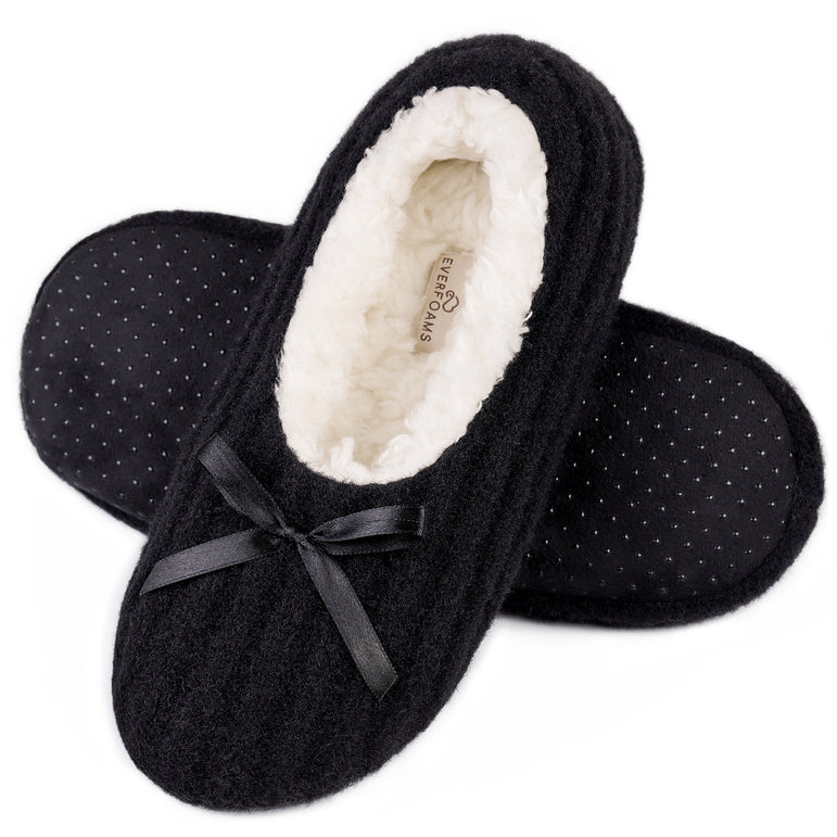 Lemon Ladies Knit Faux-Sherling Lined Gripper Slipper Socks Ballerina Pom  Grey