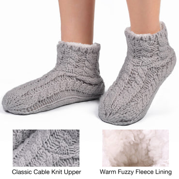 Women's Yarn Cable Knit Fuzzy Slipper Socks with Grippers