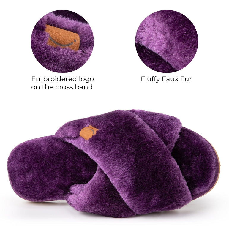 Women's Fuzzy Soft Premium Cross Band Open Toe Ladies Arch Support Slippers