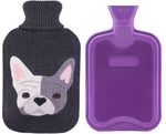 HomeTop Premium 2 Liter Classic Rubber Hot Water Bottle w/Cute Bulldog Knit Cover (2L, Black/Purple)