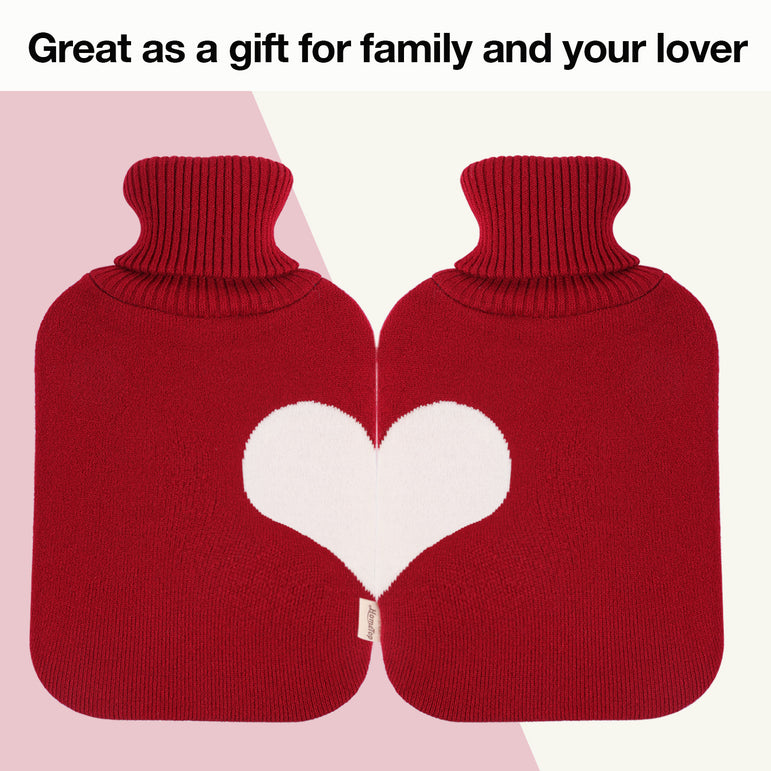 HomeTop Premium 2 Liter Classic Rubber Hot Water Bottle w/Warm Heart Knit Cover (2L, Wine/Light Red)